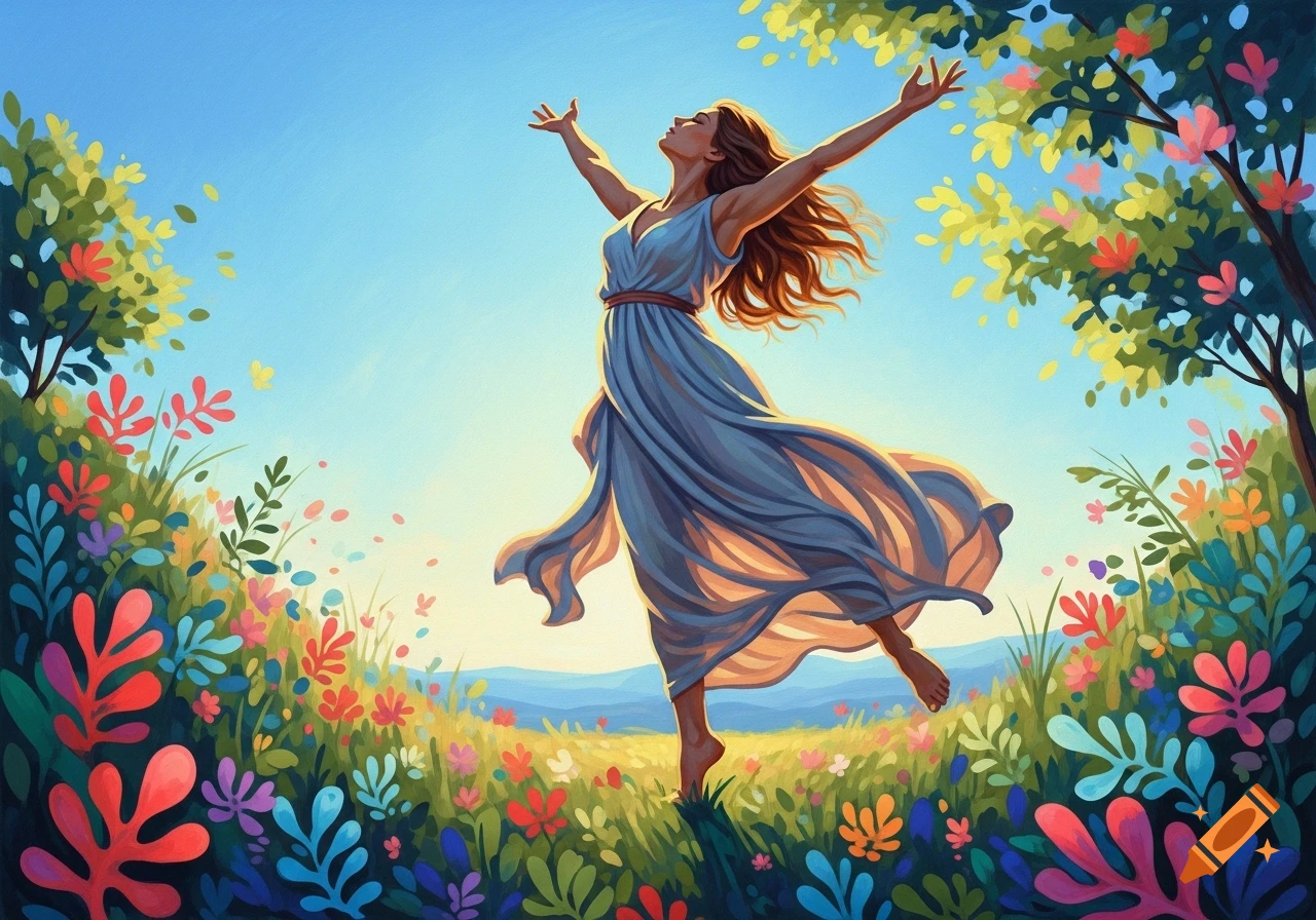 Joyful woman in flowing dress with outstretched arms in a vibrant, sunlit field of colorful flowers, in an impressionistic style.