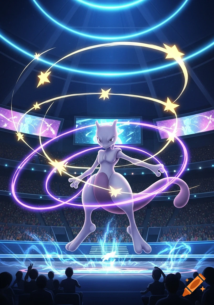 Mewtwo performs psychic and swift attacks in a brightly lit arena during a Pokemon contest.