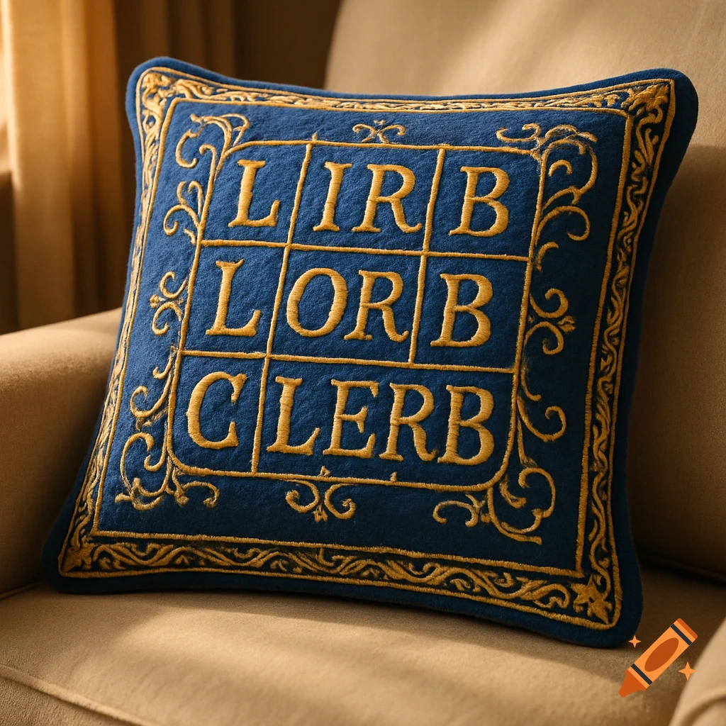 A blue embroidered pillow with gold text LIRB LORB CLERB in a grid pattern, resting on a beige couch.