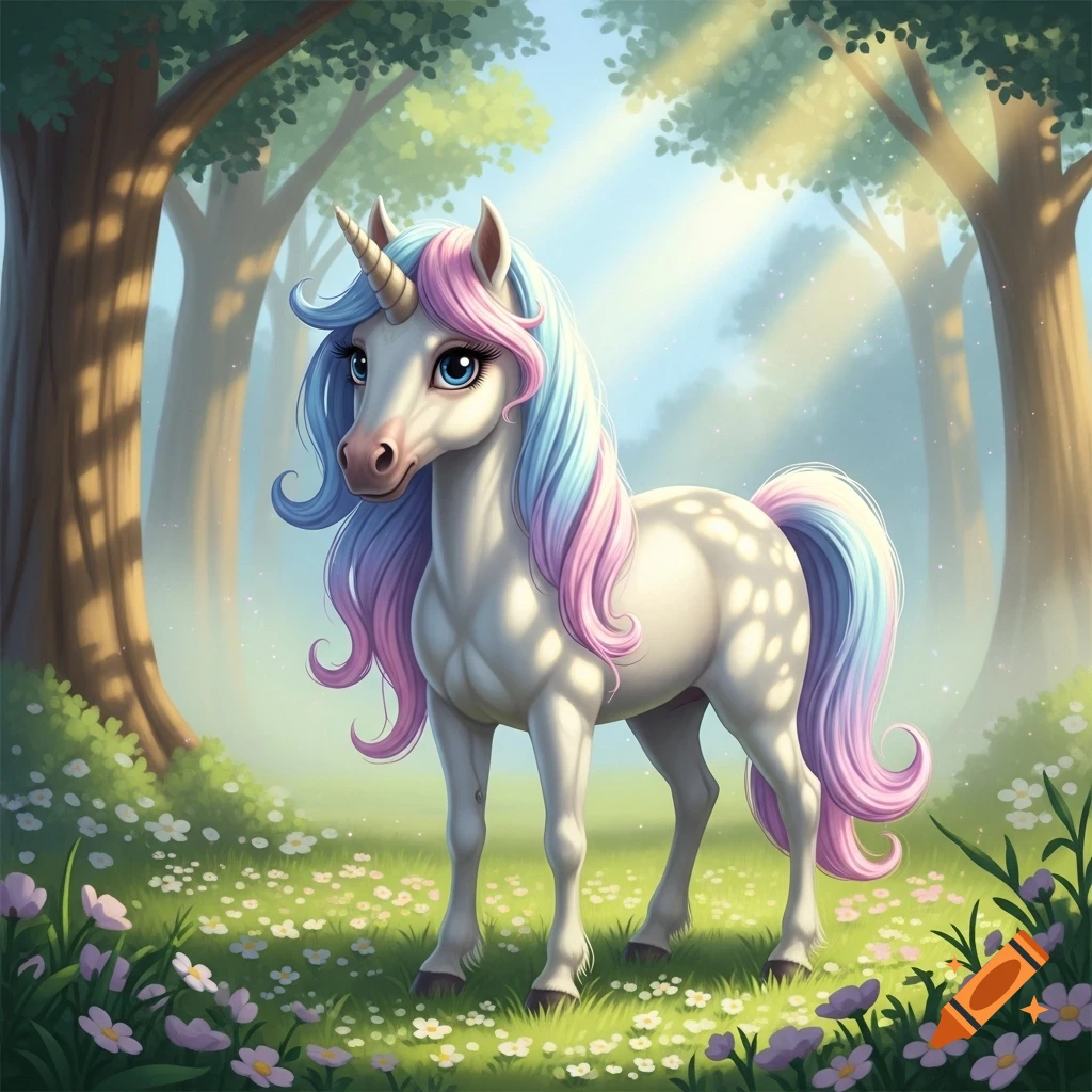 A cute white unicorn with a blue and pink mane stands in a magical forest clearing filled with small flowers and dappled sunlight.