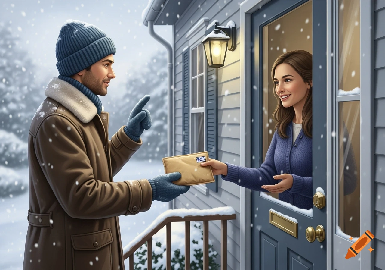 A smiling post worker in a snowy landscape hands a padded envelope to a woman at her doorstep.