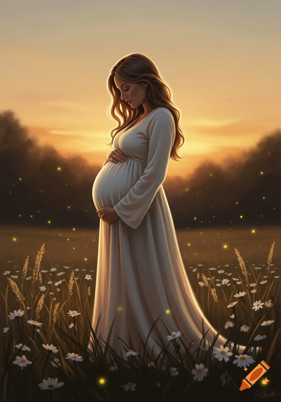 An illustrated pregnant woman in a white dress stands in a field of daisies at sunset, gently holding her belly.