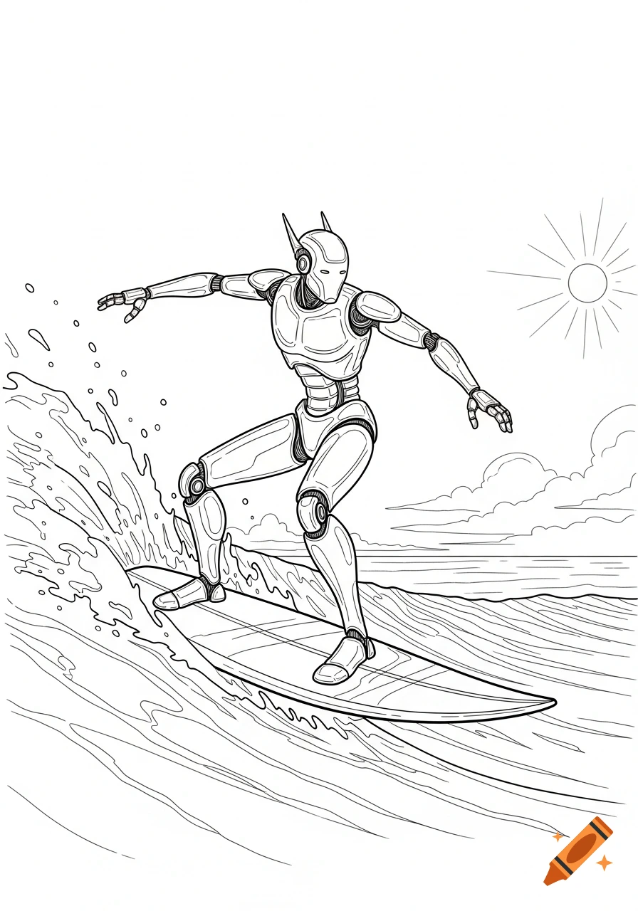 Line drawing of a humanoid robot gracefully surfing a wave on a sunny day.