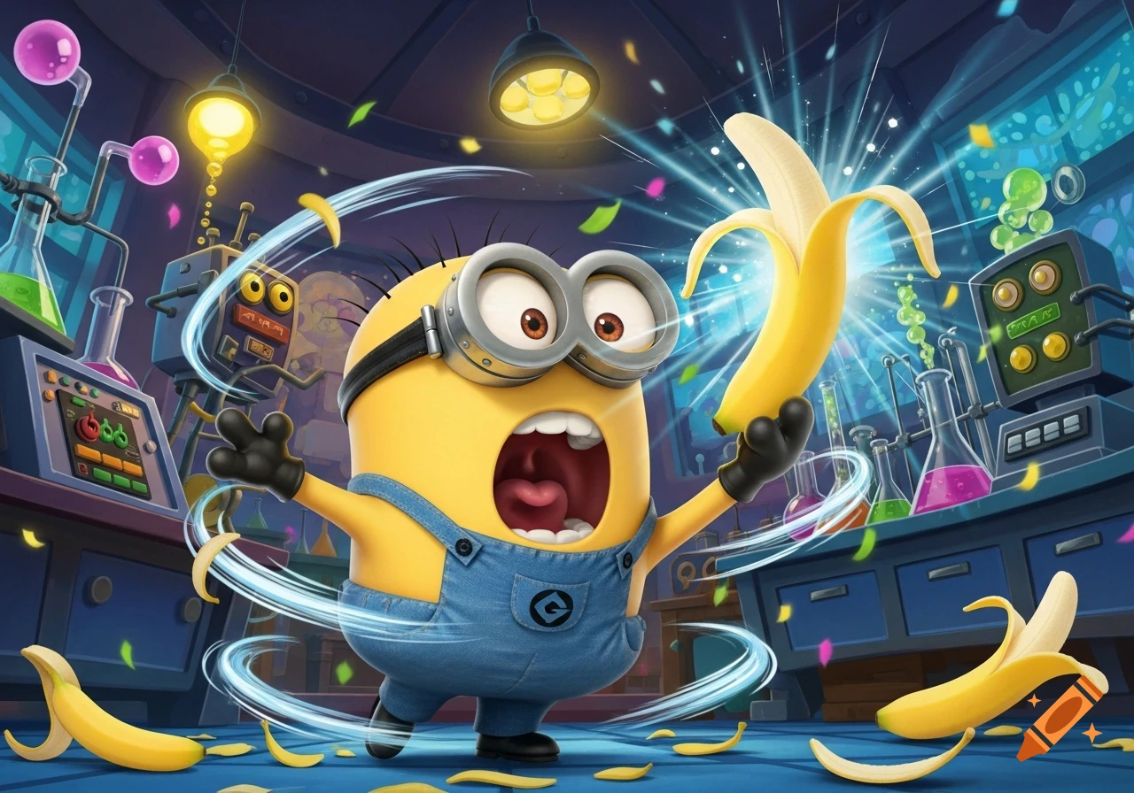 A cartoon Minion screams in excitement, holding a peeled banana in a whimsical science lab with floating banana peels.