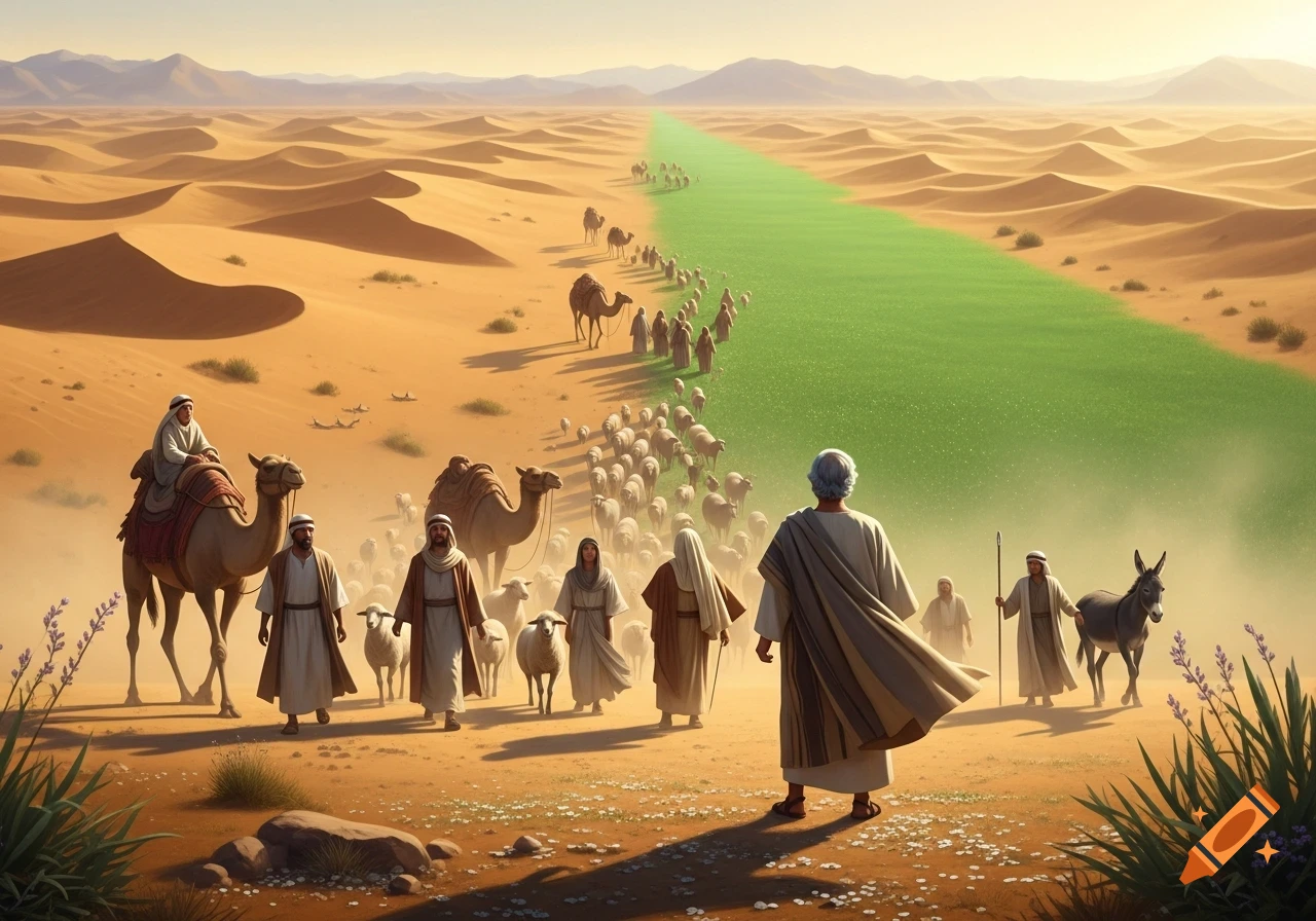 A group of people and animals, including camels and sheep, journey across a desert towards a vibrant green strip of land. Photorealistic.