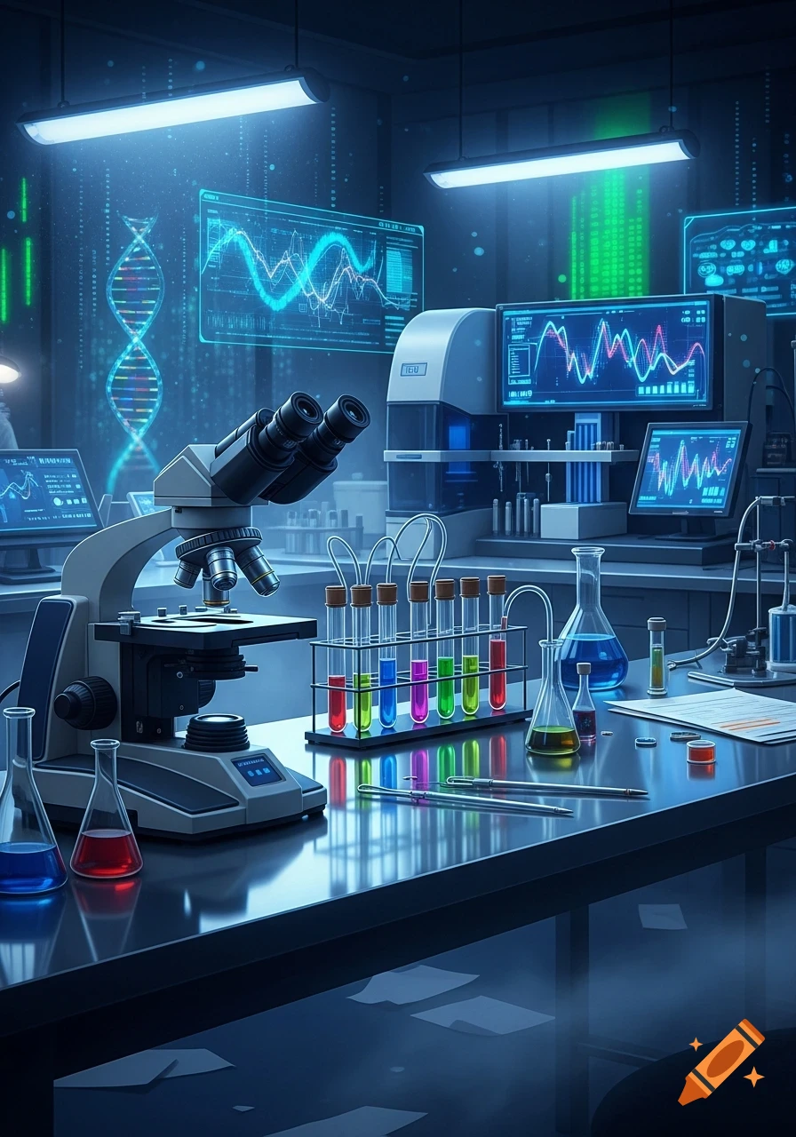 A futuristic, dimly lit science lab with a microscope, colorful test tubes, beakers, and glowing monitors displaying DNA and data.