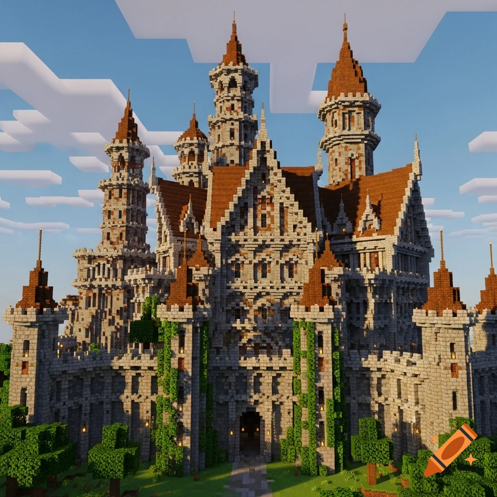 A large, detailed Minecraft castle made of stone bricks with red roofs and green vines under a blue sky.