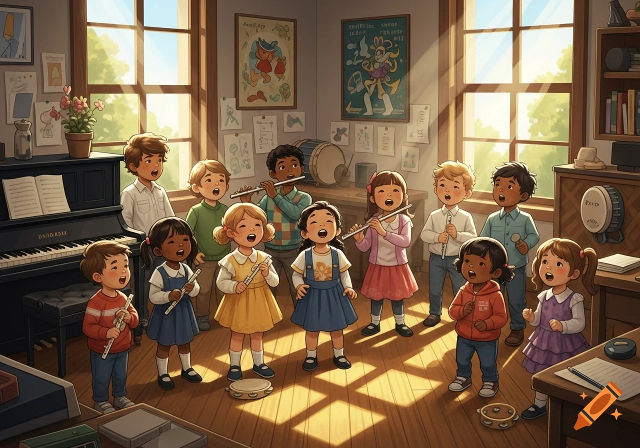 Diverse children sing and play instruments in a brightly lit music classroom with a piano and posters, in a cheerful illustration.