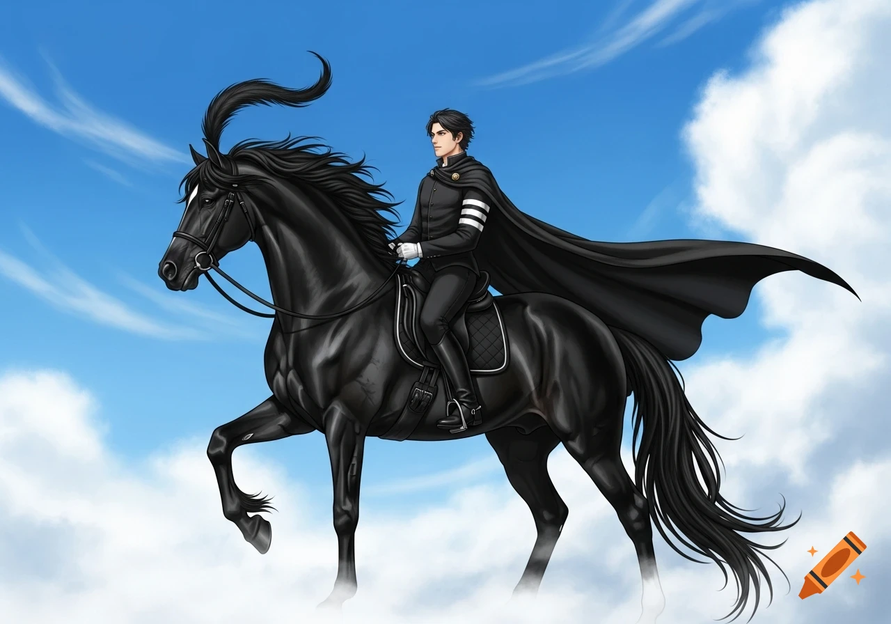 A man in a black uniform with a cape rides a black horse against a blue sky with white clouds, in an anime art style.