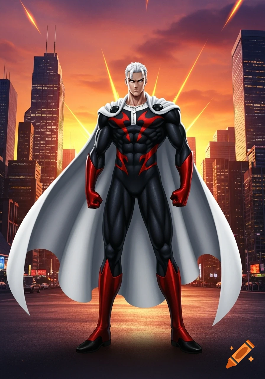 A strong anime-style male superhero with white hair, a black and red suit, and a white cape stands in a city at sunset.
