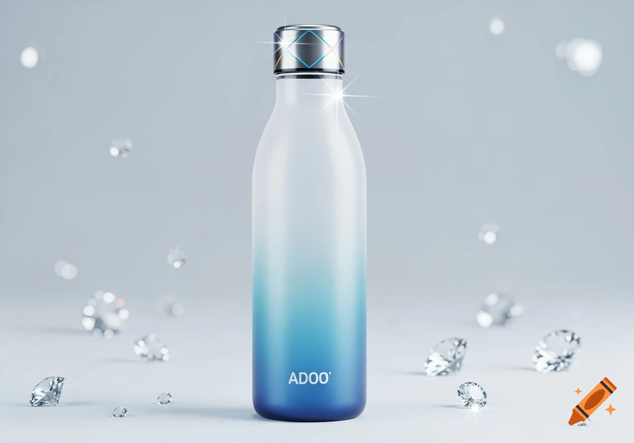 A stylish white and blue gradient water bottle with a metallic, textured cap, marked 'ADOO', surrounded by sparkling diamonds.