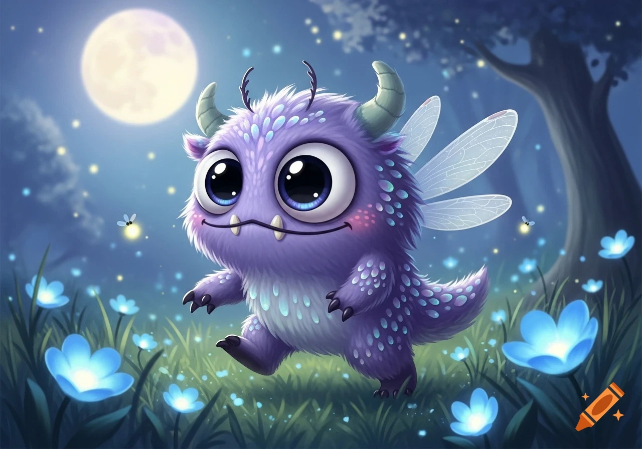 A cute purple cartoon monster with big eyes, horns, and fairy wings walks through a moonlit forest with glowing blue flowers and fireflies.