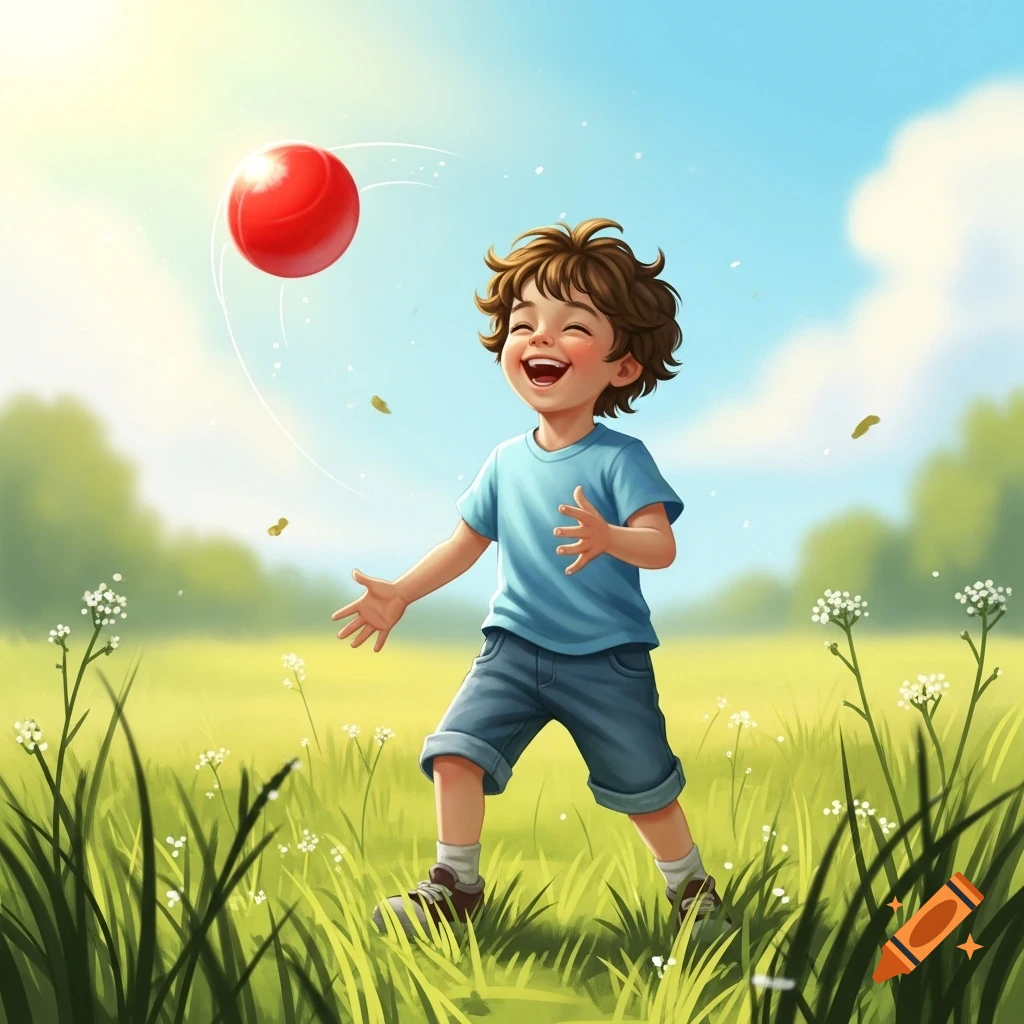 A happy cartoon boy with curly brown hair laughs while playing with a red ball in a sunny green field.