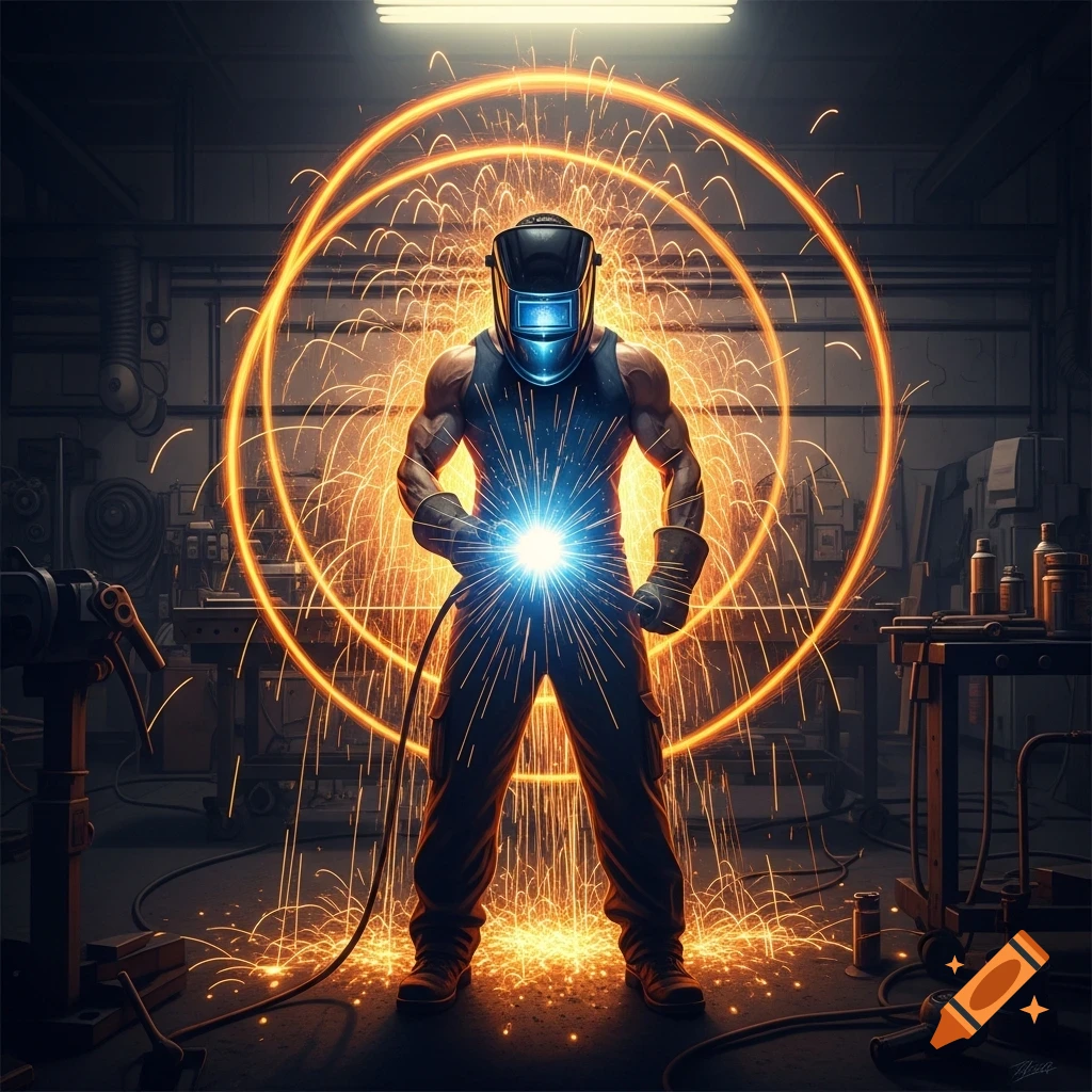 Muscular man in a welding mask welding with a torch, surrounded by orange sparks and glowing light rings in a dark workshop.