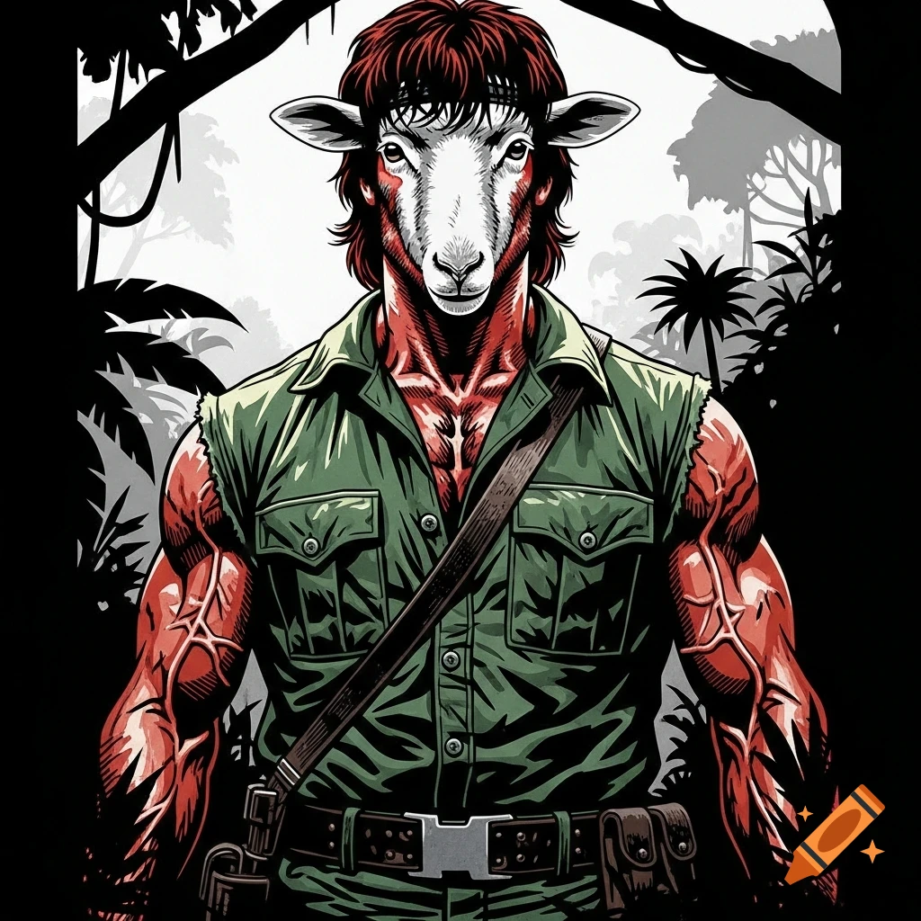 A sheep-headed Rambo-like figure with red skin and dark hair, wearing green military attire, stands in a jungle in a screenprint style.
