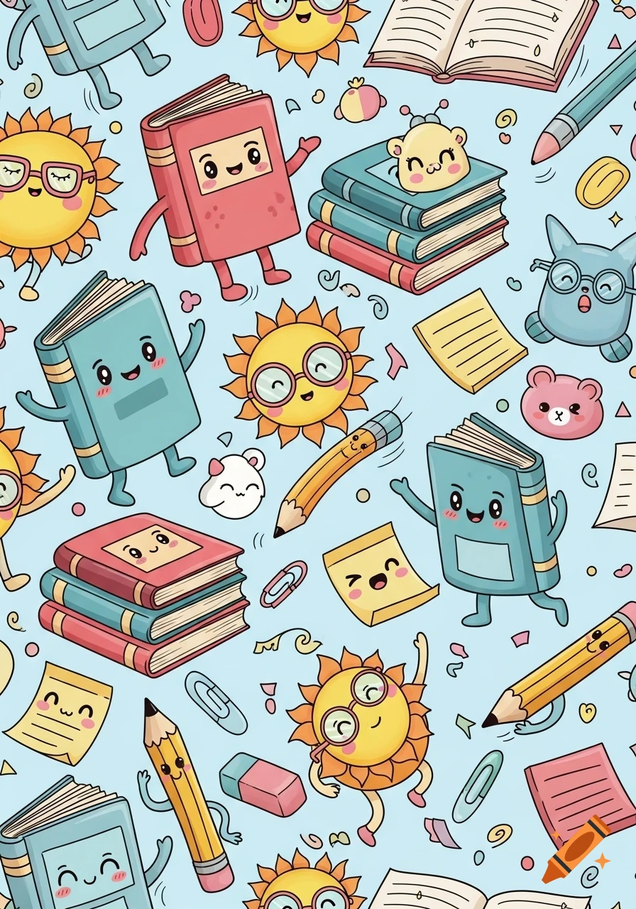 A seamless pattern of cute cartoon school supplies on a light blue background. It includes smiling books, pencils, suns, and sticky notes.