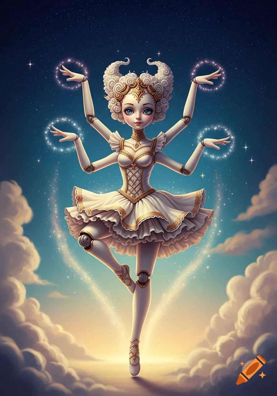 A whimsical, six-armed ballerina doll with curly white hair, wearing a white and gold dress, dancing among sparkling stars and clouds against a blue sky.