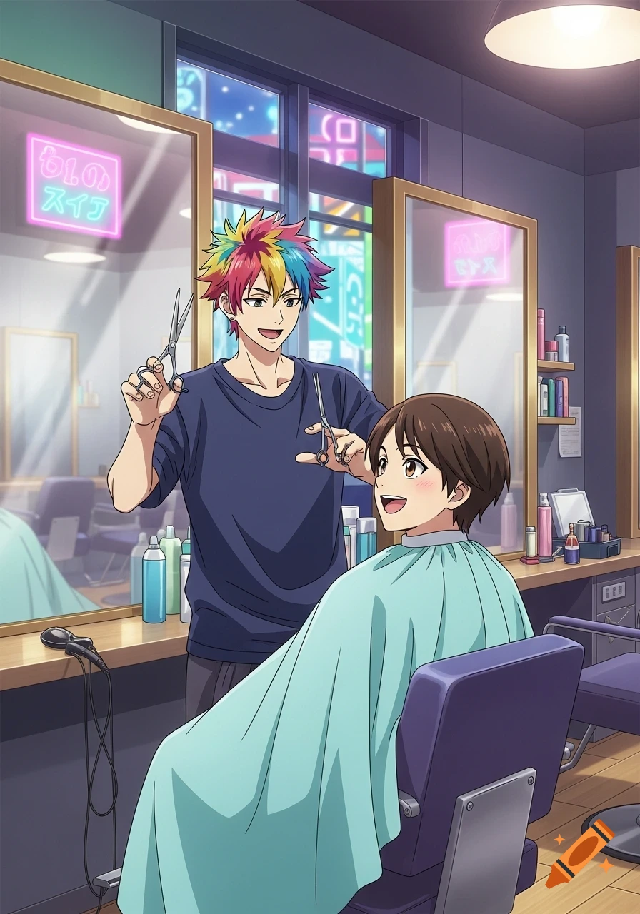 An anime barber with rainbow-colored hair cuts a customer's hair in a bright barbershop.