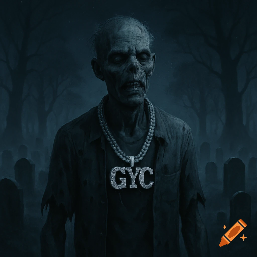 A zombie with a diamond GYC chain stands in a foggy graveyard at night, surrounded by tombstones and bare trees.