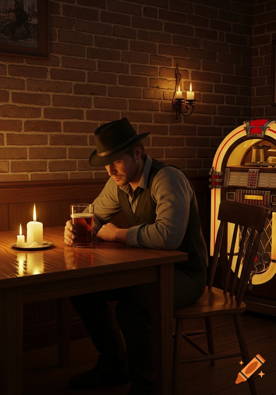 A man in a fedora and vest sits at a candlelit table, holding a drink, in a dimly lit bar with a brick wall and a jukebox.
