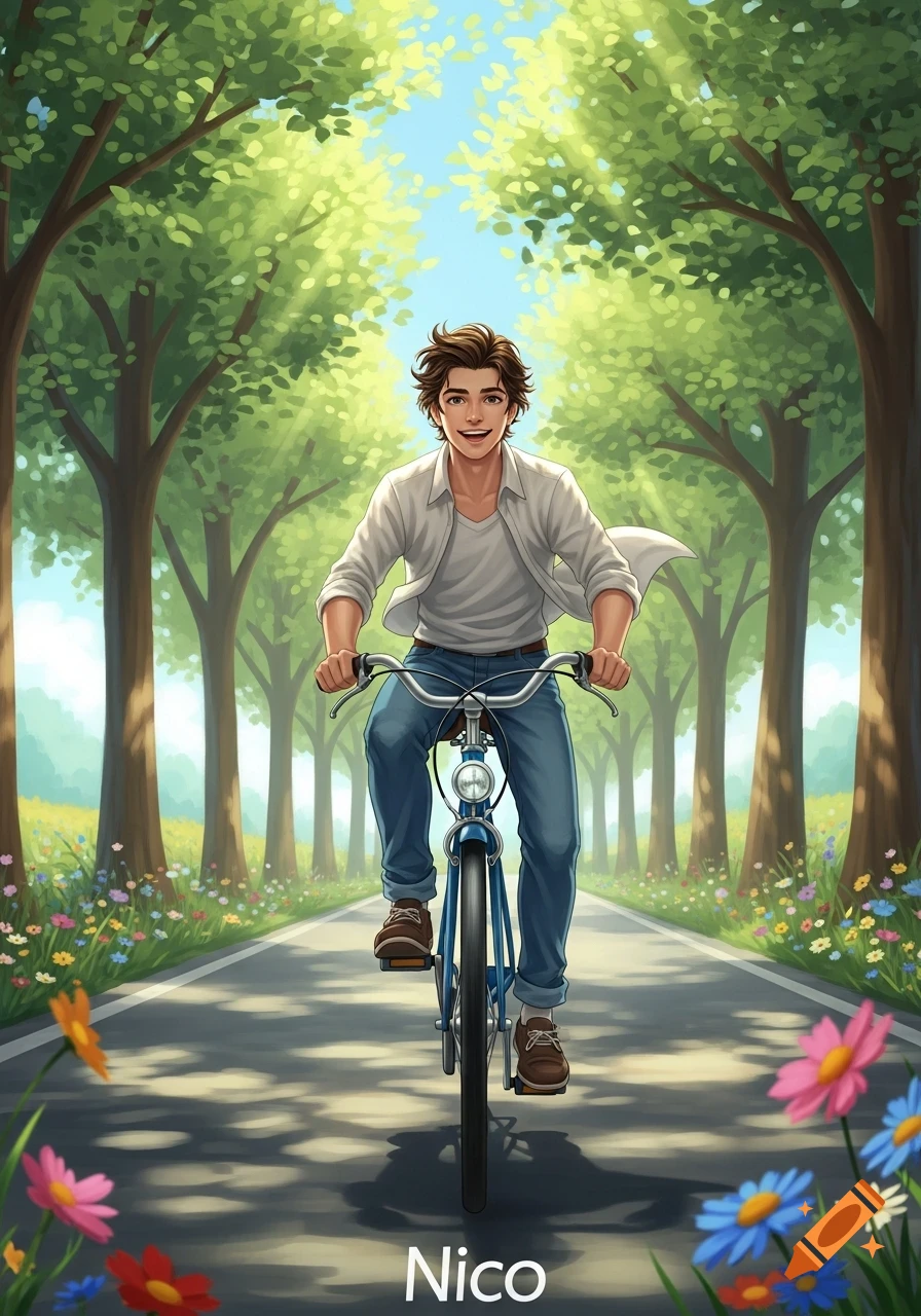 An anime-style young man named Nico rides a blue bike down a tree-lined path in a sunny park with wildflowers.