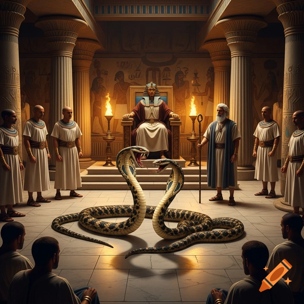 A pharaoh on his throne in an ancient Egyptian palace observes a bearded man with a staff and two large snakes facing each other, surrounded by other figures.