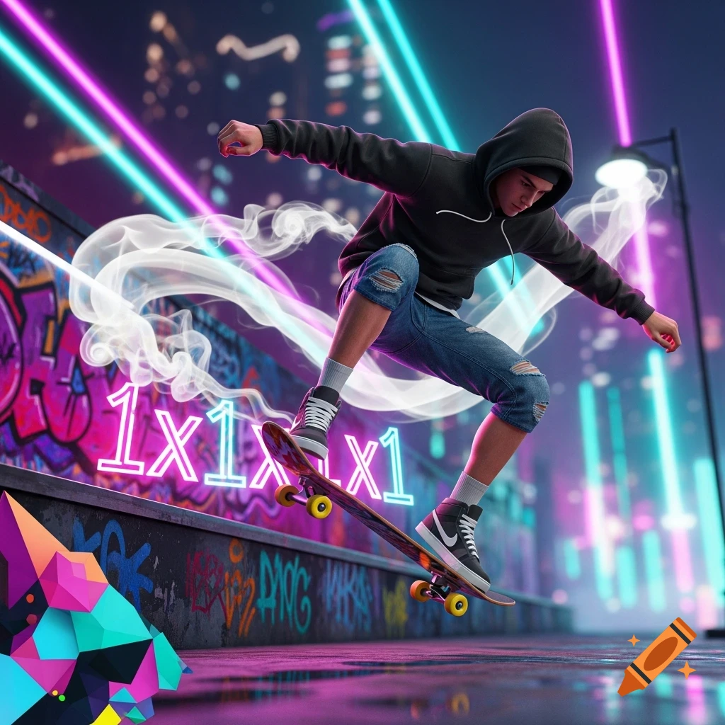 A vibrant digital art image of a person in a hoodie performing a trick on a skateboard at night, surrounded by neon lights and graffiti.