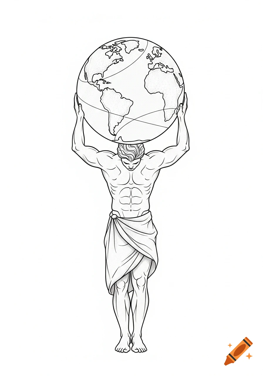 Line art illustration of Atlas, a muscular man draped in cloth, holding the Earth globe above his head.