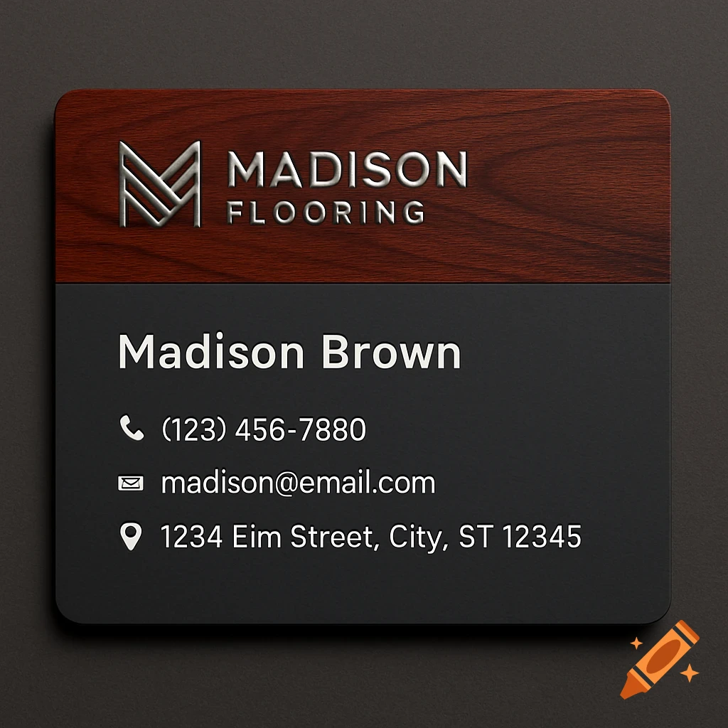 A business card for Madison Flooring with a wood grain and dark gray design, displaying a metallic logo and contact information.