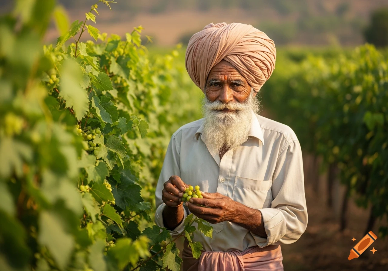 An elderly Indian farmer with a white beard and turban examining grapes in a lush, sunny vineyard, photorealistic style.