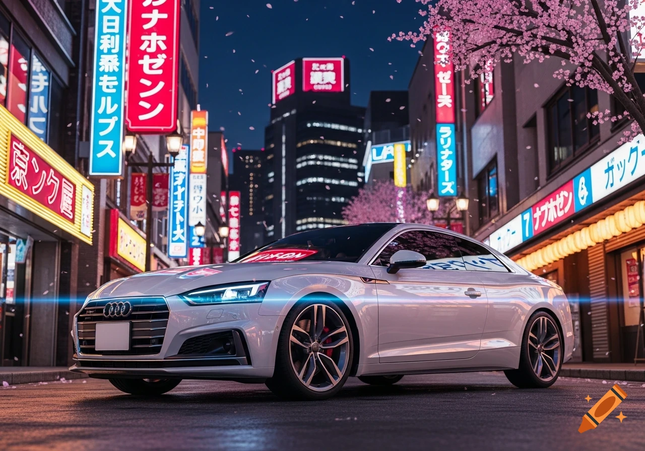 A white Audi A5 coupe is parked on a street in a neon-lit Japanese city at night, with falling cherry blossoms.