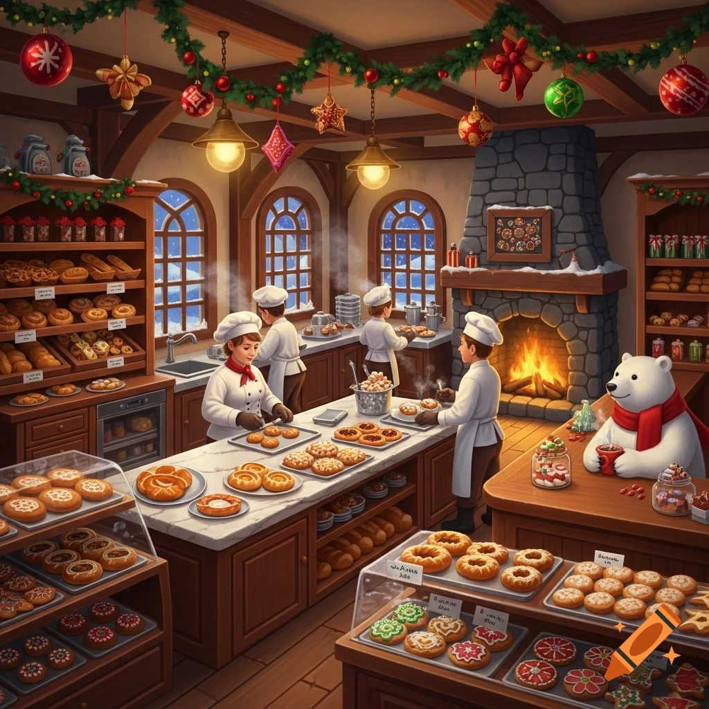 A cozy, festive bakery interior filled with bakers, display cases of pastries, and a polar bear in a red scarf by a fireplace. Snow outside.