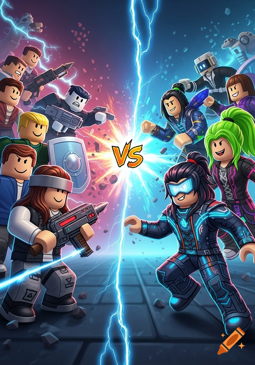 Cartoon battle between two teams of Roblox-style avatars, old designs vs. new, separated by lightning, with a central 'VS' logo.