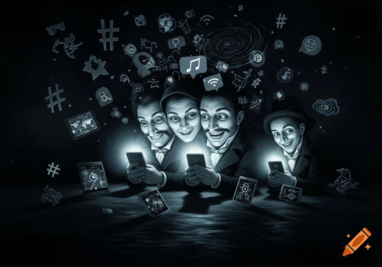 Monochromatic illustration of four grotesque men with exaggerated faces, intensely looking at glowing smartphones. Chaotic social media symbols float around them in the dark, Goya-esque style.