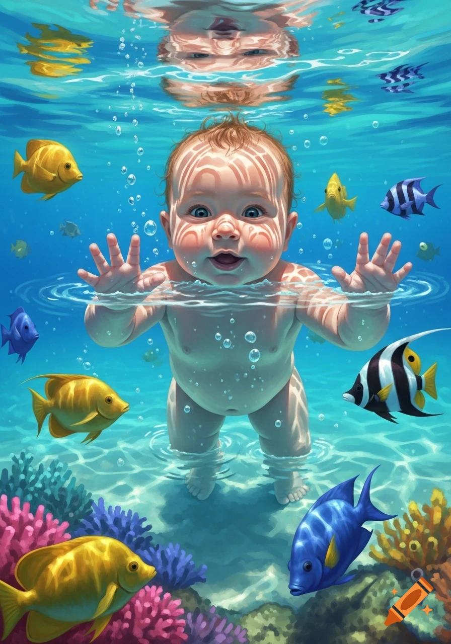 A happy baby with wide blue eyes smiles while swimming underwater, surrounded by colorful tropical fish and coral.