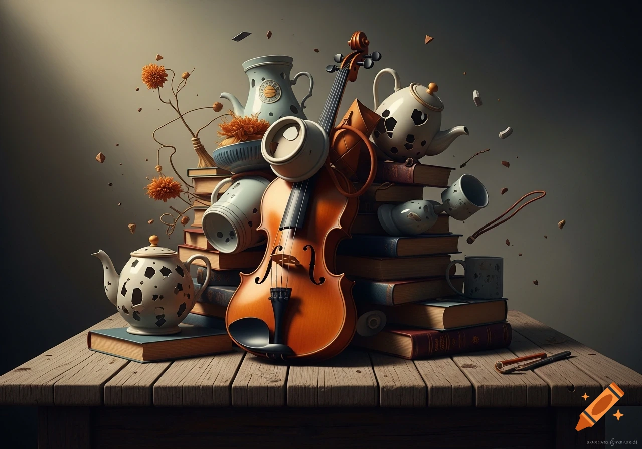 A surreal still life featuring a violin, teapots, cups, and books arranged in a fragmented, floating composition on a wooden table.