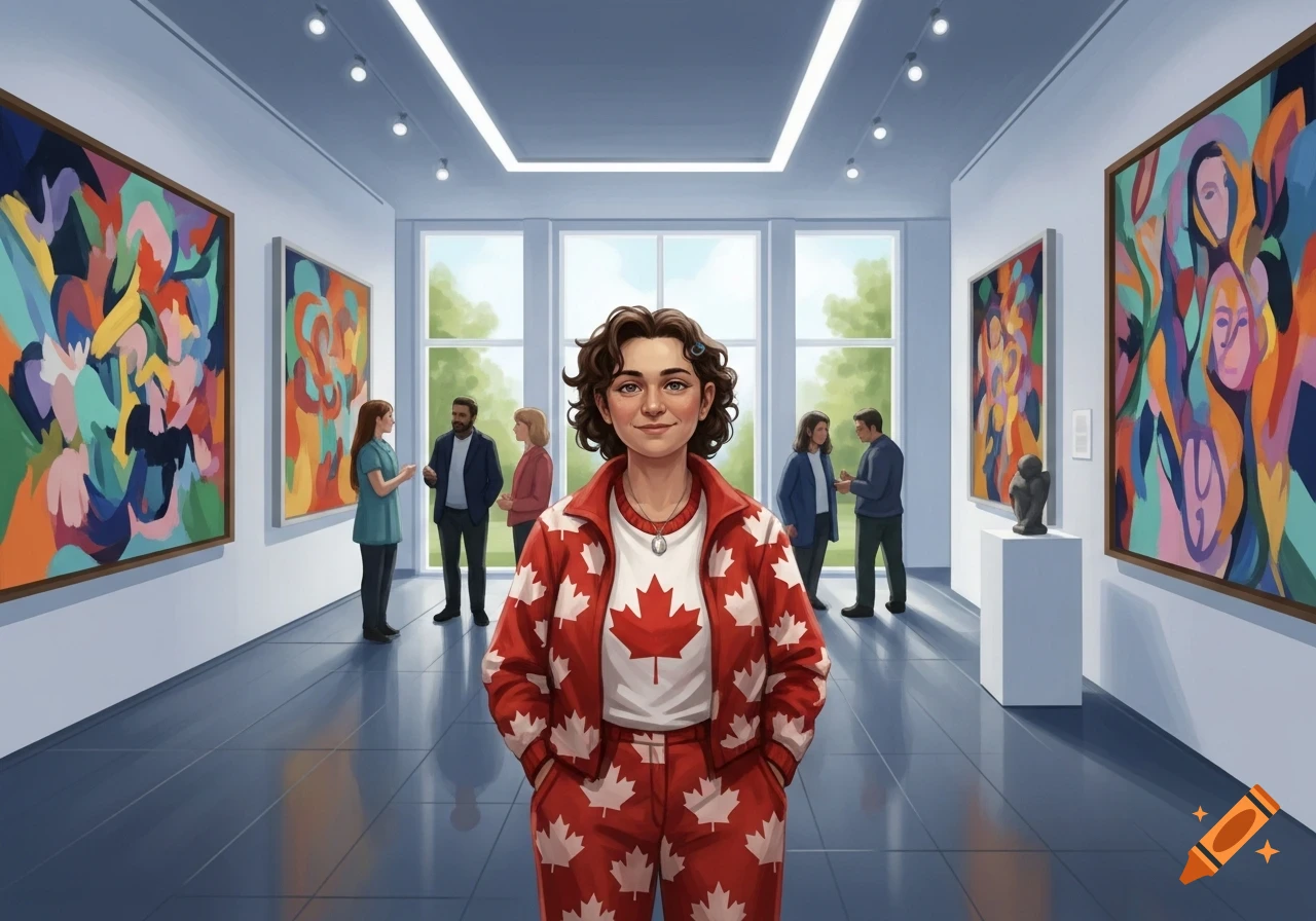 A woman in a red and white Canadian maple leaf track suit smiles while standing in an art museum filled with abstract paintings and other visitors.