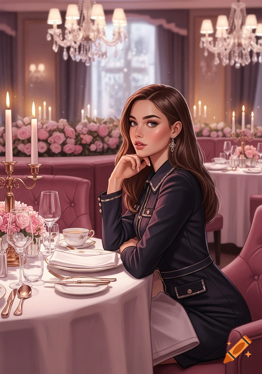 Stylish woman in a dark coat leans on a table in an elegant restaurant with chandeliers, candles, and pink floral decor.