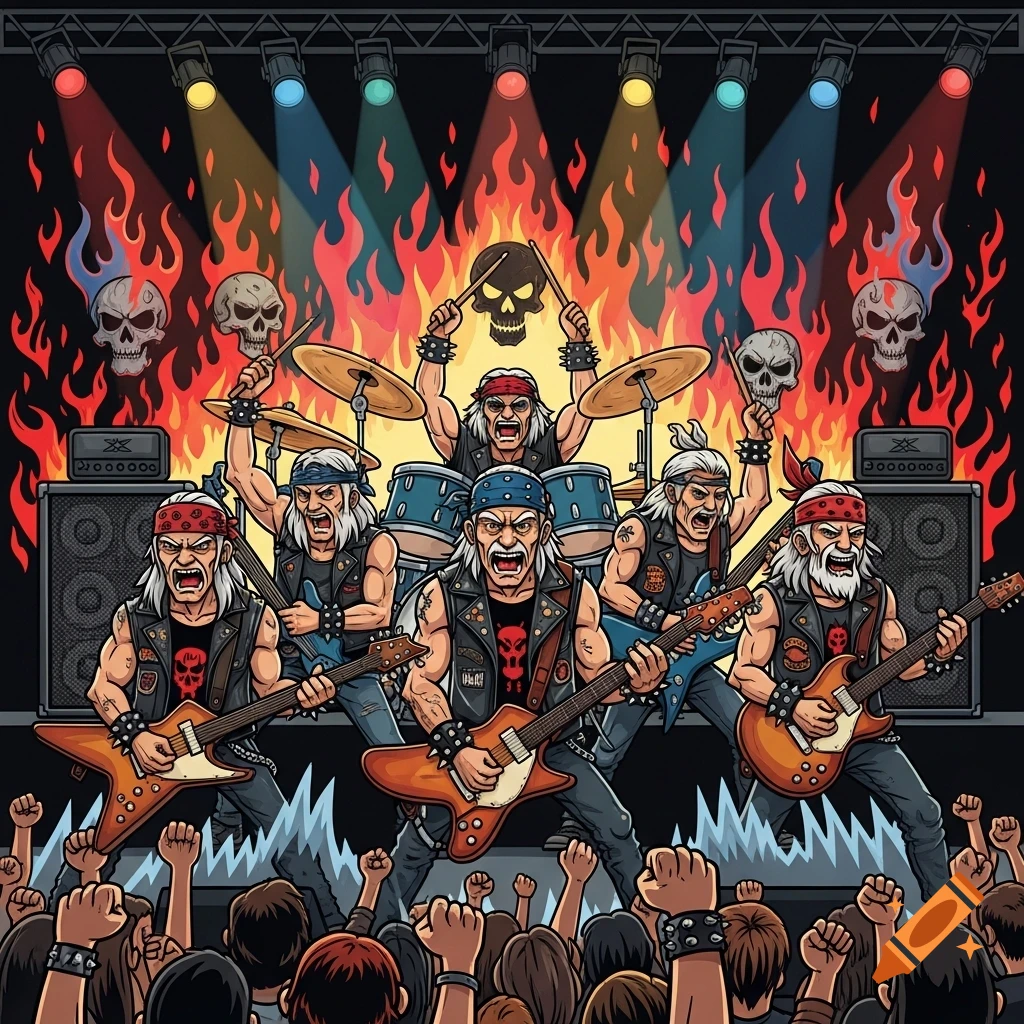 A cartoon heavy metal band with old men rocking out on stage, surrounded by flames and skulls, in front of a cheering crowd.