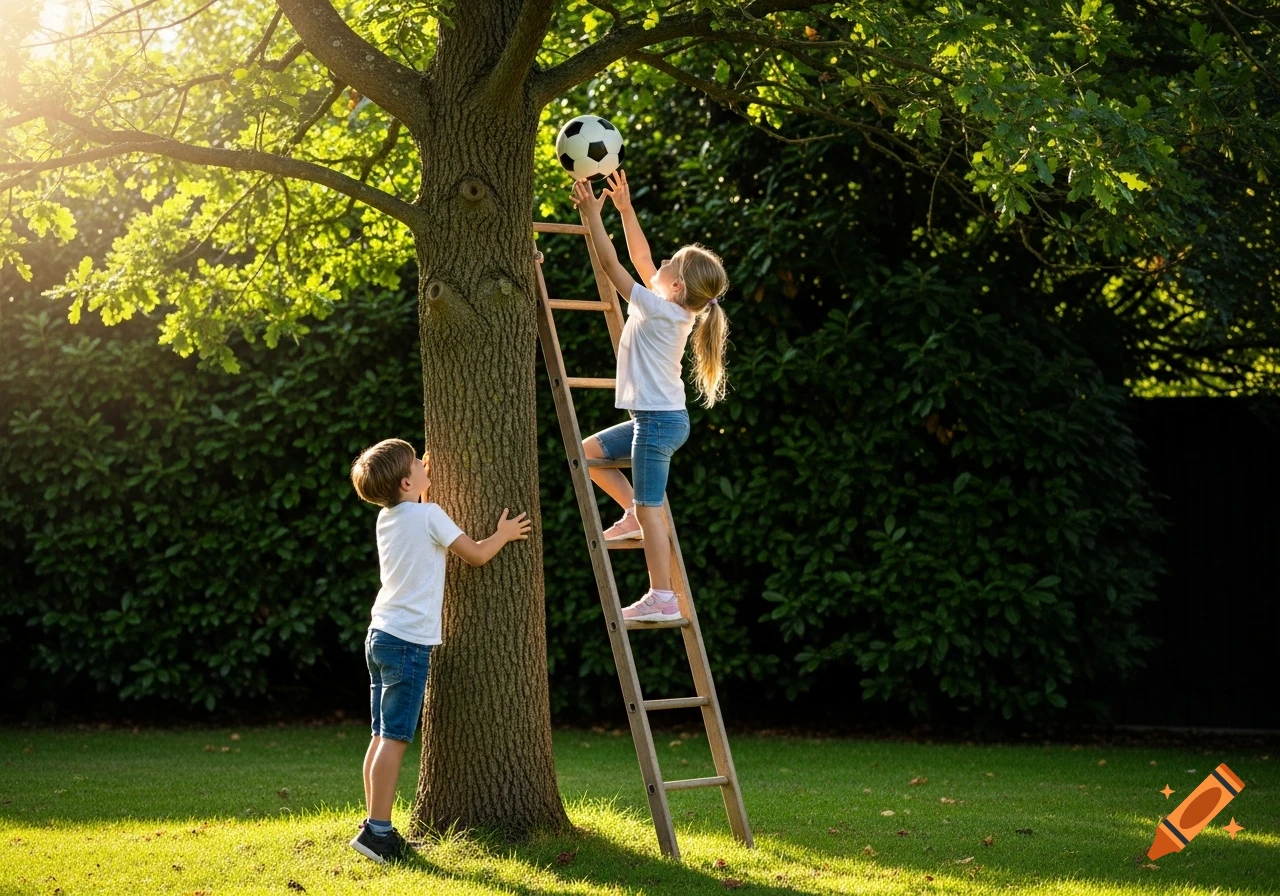 Girl on a ladder reaches for a soccer ball in a tree, boy watches in a sunny garden.