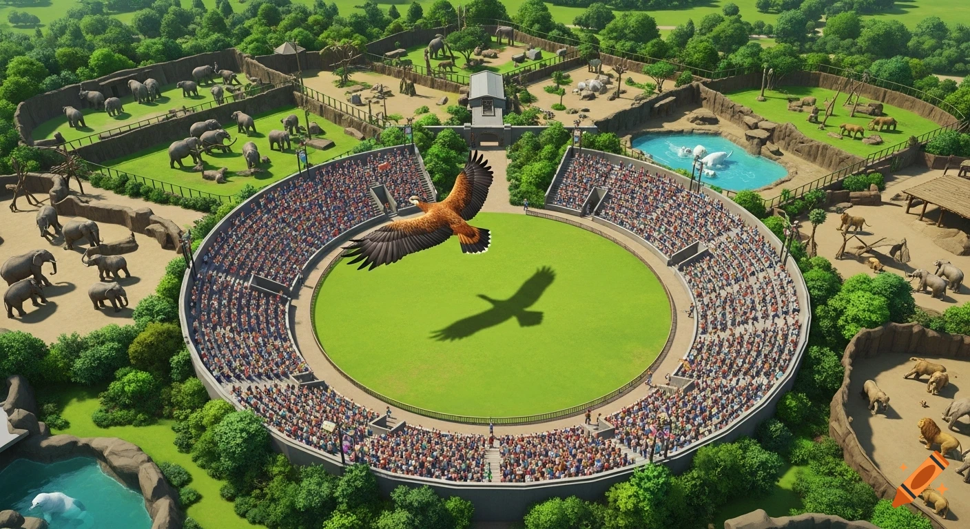 Aerial view of a vibrant zoo with a stadium, an eagle flying over a green field, and diverse animal enclosures.