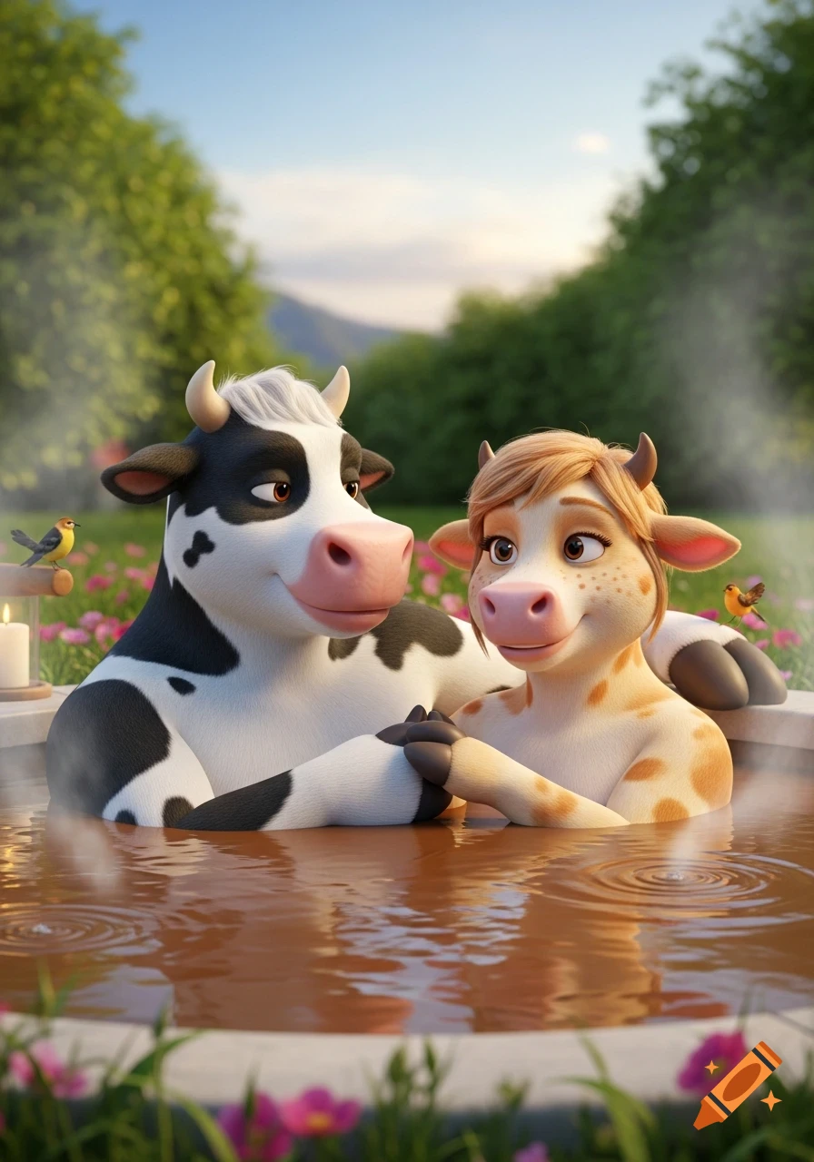 Anthropomorphic male and female cow couple happily relaxing in a mud hot tub in a lush outdoor setting, 3D animated style.