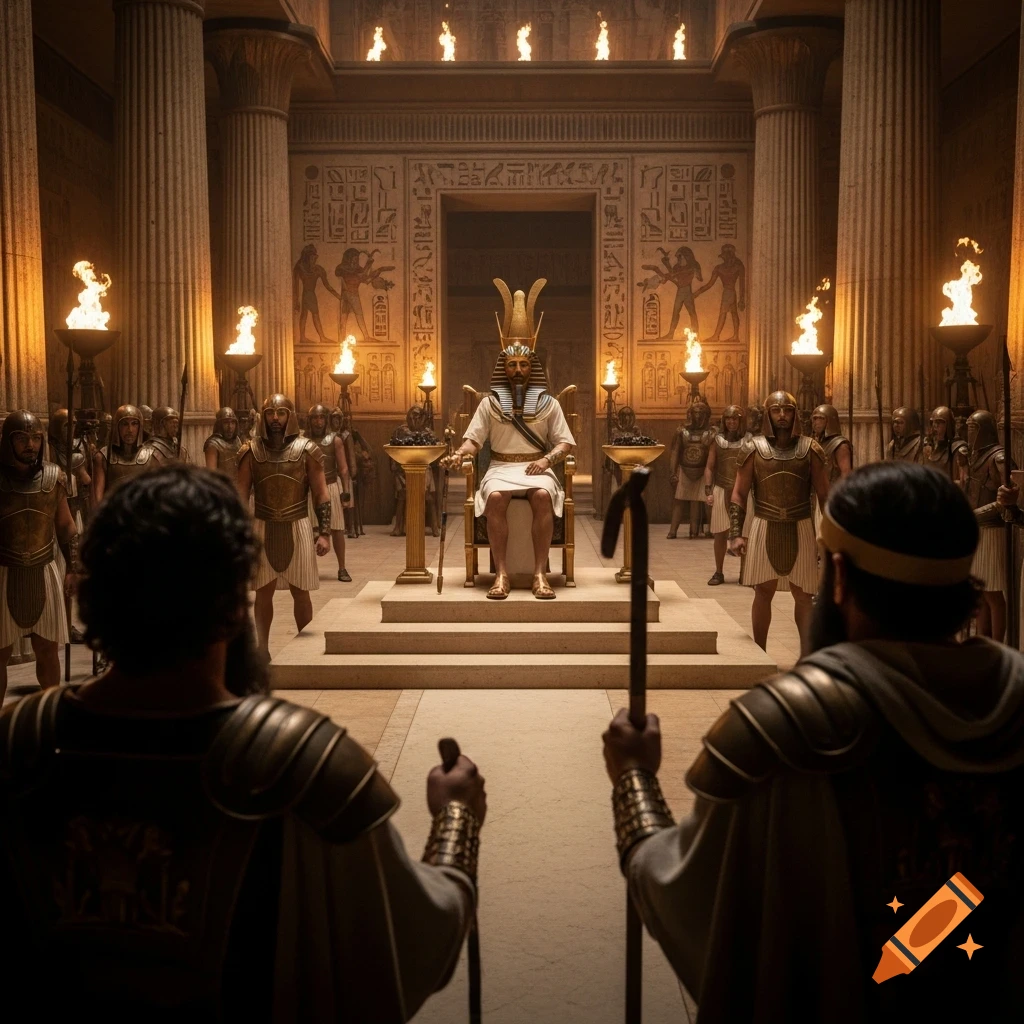 Pharaoh on his throne in a grand Egyptian palace, flanked by soldiers and torches, facing two men from the back in a photorealistic style.
