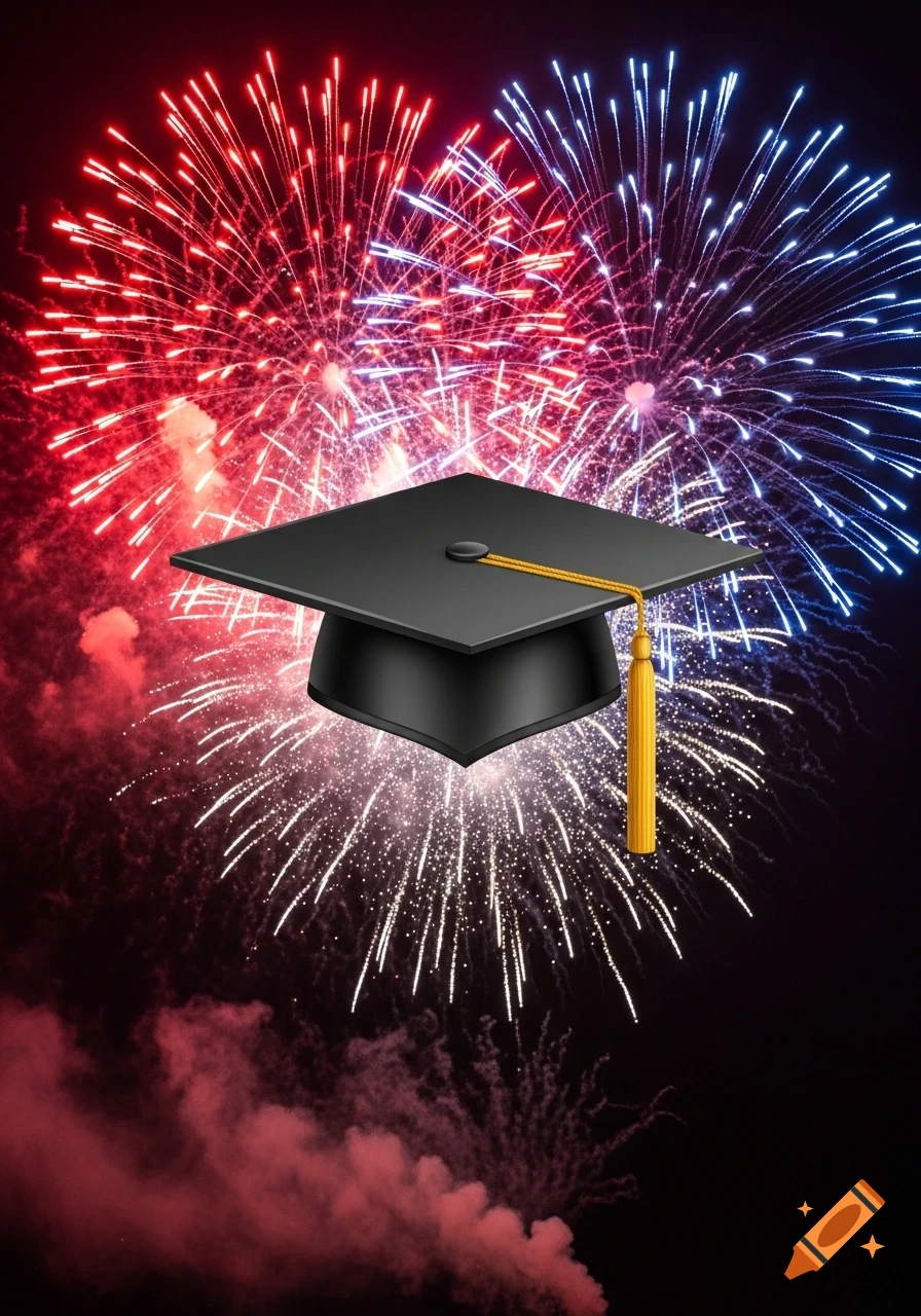 A black graduation cap with a golden tassel against a backdrop of red, white, and blue fireworks exploding in a night sky.