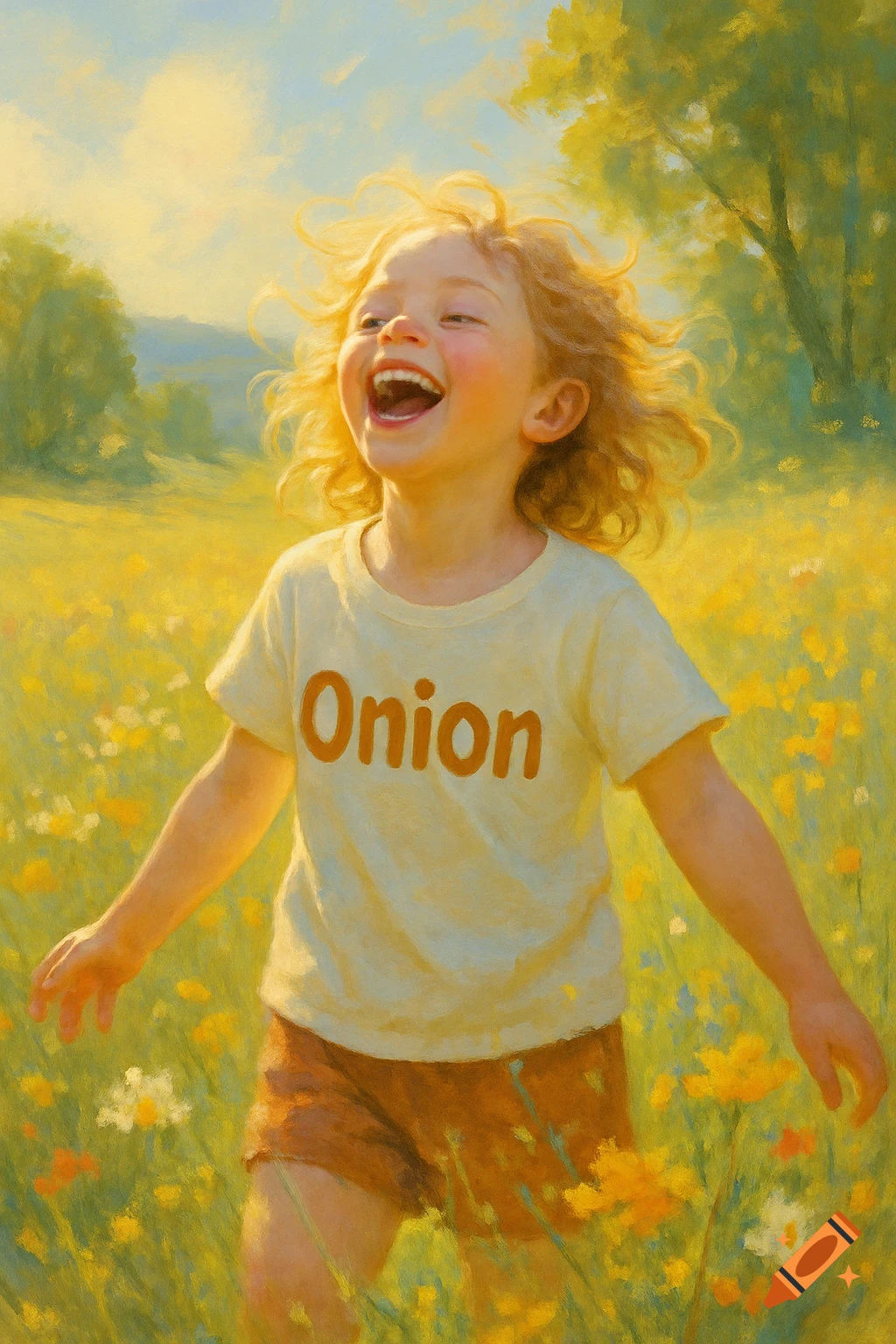 A joyful child with curly hair laughs in a sunlit field of yellow flowers, wearing an 'Onion' t-shirt, in an impressionistic painting.