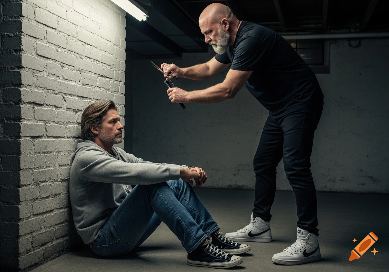 A photorealistic image of a man sitting against a brick wall in a basement as another man stands over him, holding barber shears.