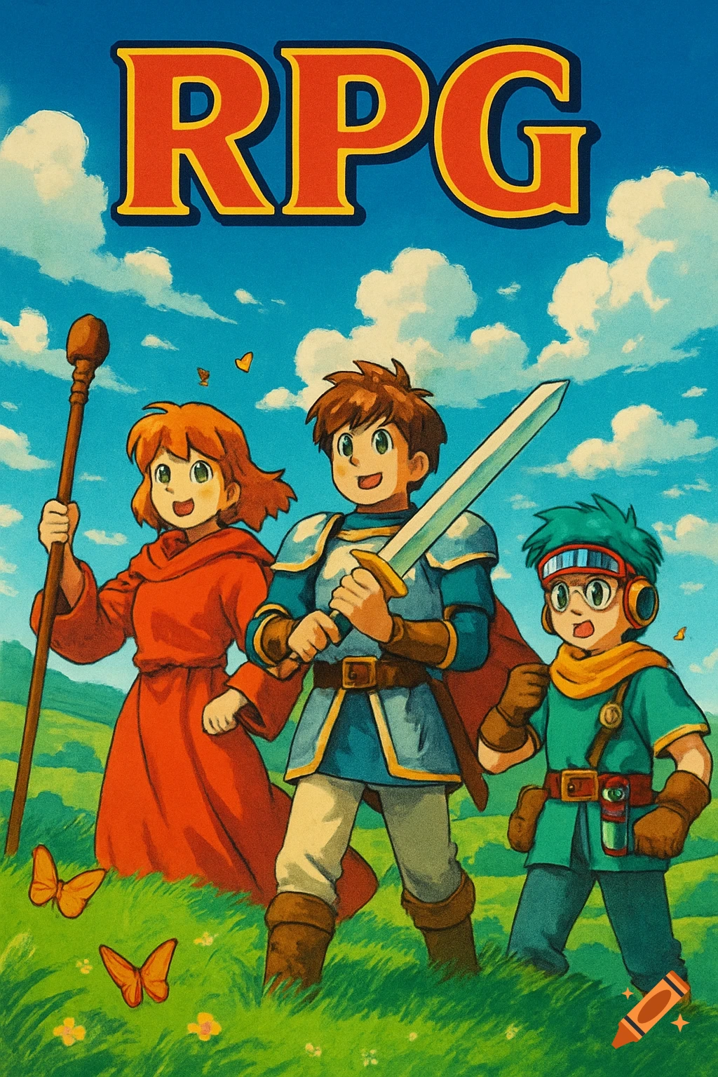 A 1990s anime-style RPG video game cover with three young adventurers in a green field under a blue sky, with 'RPG' text above them.