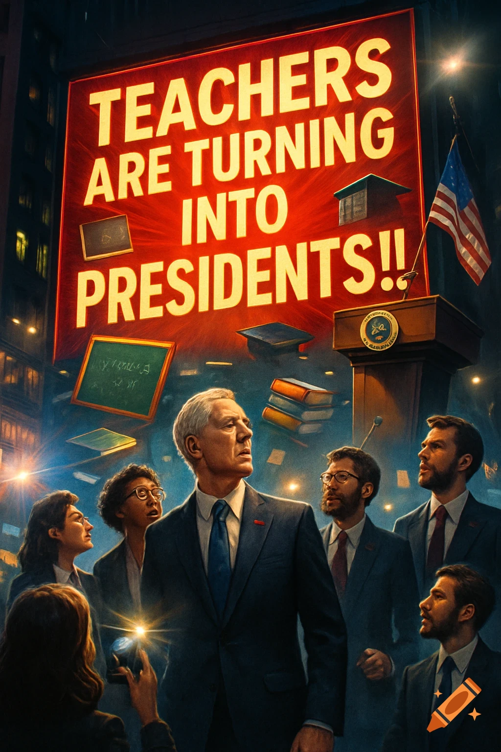 People in suits look up at a large, red billboard displaying 'Teachers Are Turning Into Presidents!!' on a dramatic city night.