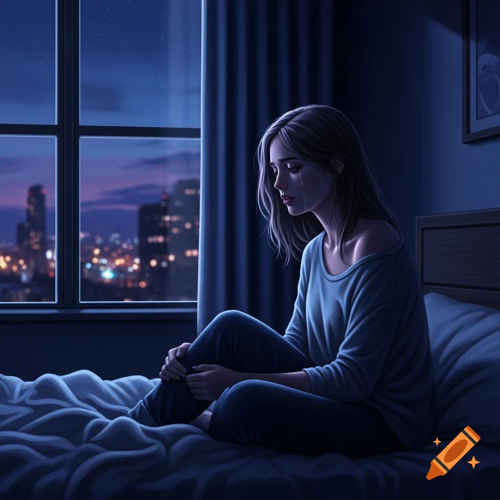 Digital art of a melancholic young woman crying on a bed by a window at night, city lights visible outside.