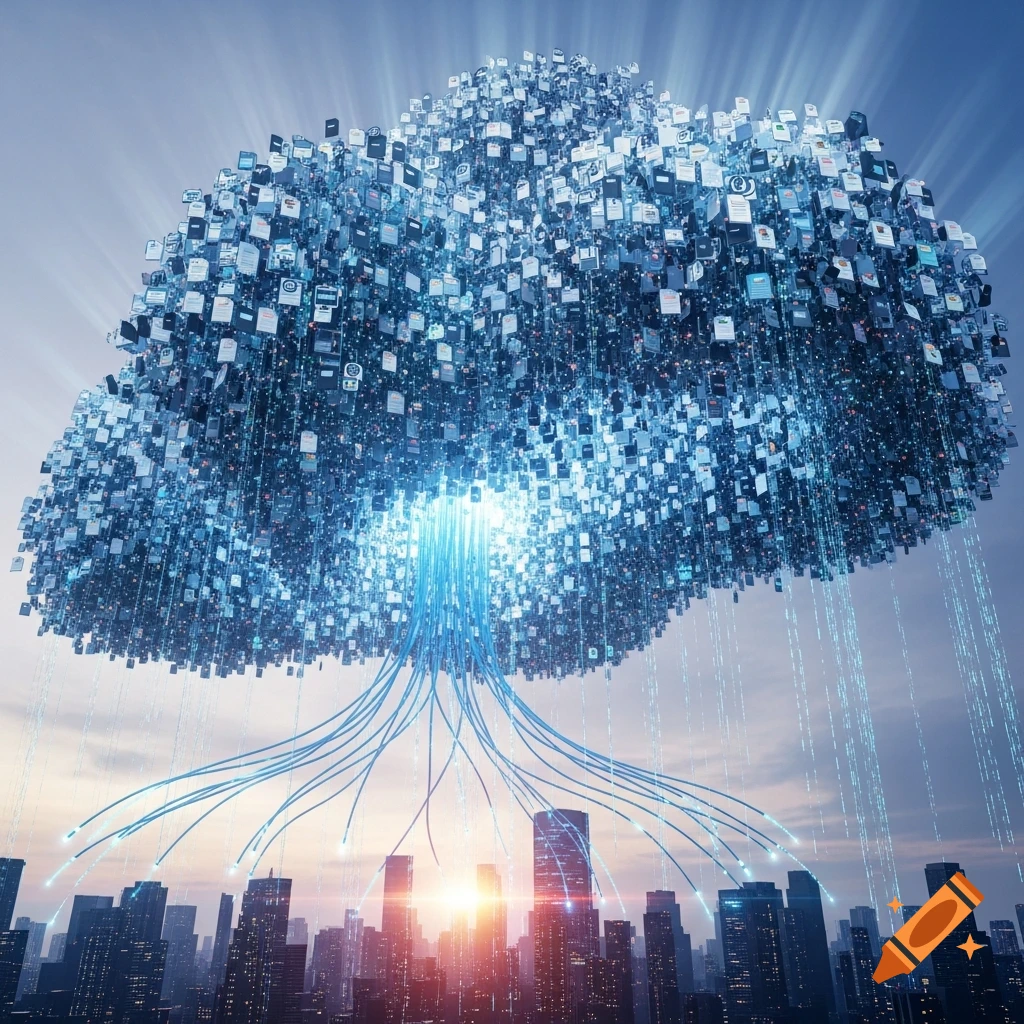 A massive, glowing cloud made of digital files and documents looms over a city skyline at sunset, connected by blue data lines to skyscrapers.
